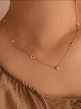 Delicate Gold Clover Station Necklace with Single Cubic Zirconia R 573